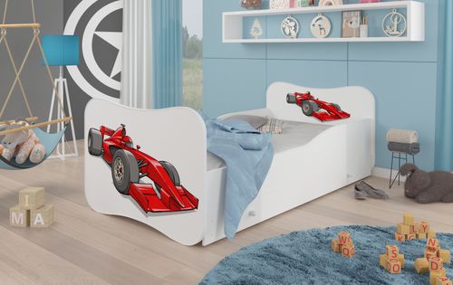 Lit enfant bois blanc à tiroirs avec imprimé voiture de course rouge 70x140 ou 80x160 cm - Sommier et matelas inclus - Ondula - Photo n°2; ?>