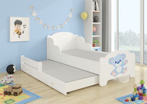 Lit enfant bois blanc impression ourson bleu 2 couchages 70x140 ou 80x160 cm - Sommier et matelas inclus - Madale - Photo n°2; ?>