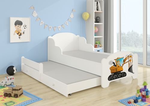 Lit enfant bois blanc impression pelleteuse 2 couchages 70x140 ou 80x160 cm - Sommier et matelas inclus - Madale - Photo n°2; ?>