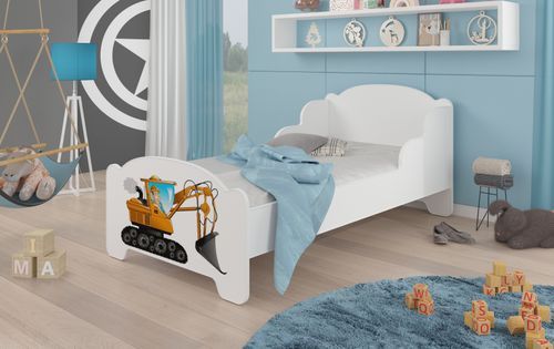 Lit enfant bois blanc impression pelleteuse 70x140 ou 80x160 cm - Sommier et matelas inclus - Madale - Photo n°2; ?>
