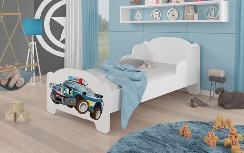 Lit enfant bois blanc impression voiture de police 70x140 ou 80x160 cm - Sommier et matelas inclus - Madale - Photo n°2; ?>