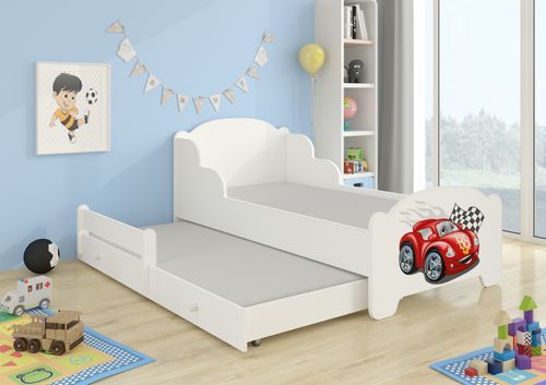 Lit enfant bois blanc impression voiture Cars 2 couchages 70x140 ou 80x160 cm - Sommier et matelas inclus - Madale - Photo n°2; ?>
