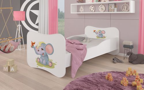 Lit enfant bois blanc imprimé éléphant 70x140 ou 80x160 cm - Sommier et matelas inclus - Ondula - Photo n°2; ?>