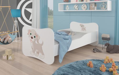 Lit enfant bois blanc imprimé petit chien 70x140 ou 80x160 cm - Sommier et matelas inclus - Ondula - Photo n°2; ?>