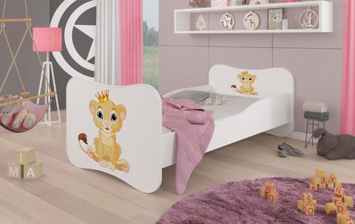 Lit enfant bois blanc imprimé petit roi lion 70x140 ou 80x160 cm - Sommier et matelas inclus - Ondula - Photo n°2; ?>