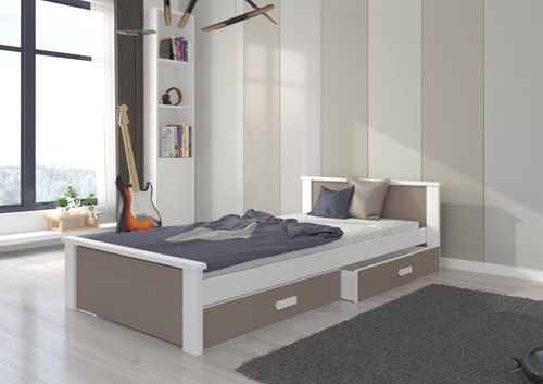 Lit enfant bois pin blanc et bois taupe 90x200 cm avec 2 tiroirs de rangement Lydia - Photo n°2; ?>