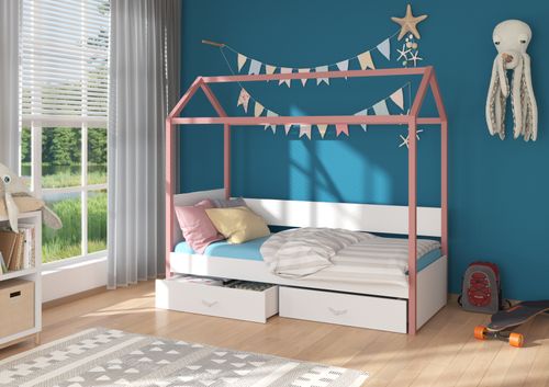 Lit enfant cabane bois pin rose et bois blanc 90x200 cm avec 2 tiroirs de rangement Forka - Photo n°2; ?>