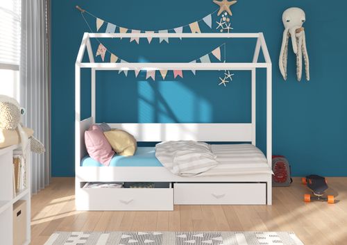 Lit enfant cabane bois pin rose et bois blanc 90x200 cm avec 2 tiroirs de rangement Forka - Photo n°3; ?>