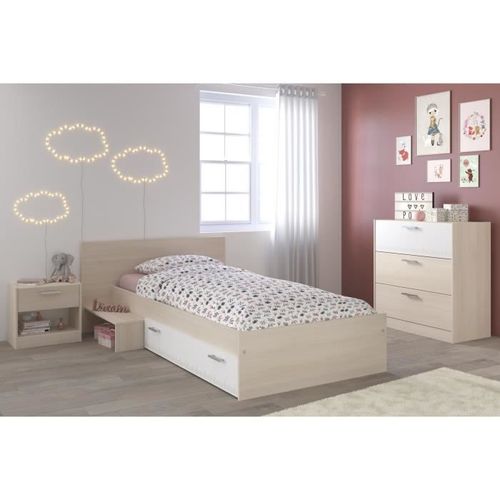 Lit enfant l 90 x L 190 cm - Décor acacia et blanc tiroir - Contemporain - CHARLEMAGNE - Photo n°2; ?>