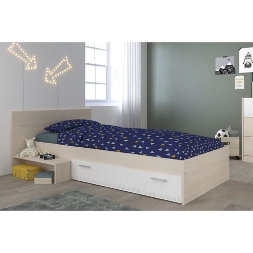 Lit enfant l 90 x L 190 cm - Décor acacia et blanc tiroir - Contemporain - CHARLEMAGNE - Photo n°3; ?>