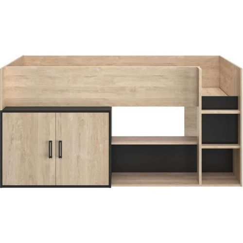 Lit enfant mi-hauteur avec rangement - Décor Chene blond et Noir - Sommier inclus - 90 x 200 cm - ARZ - Photo n°3; ?>