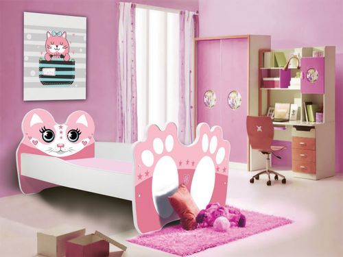 Lit enfant rose avec motif petit chat rose 70x140 ou 80x160 cm - Matelas inclus - Tiroir de rangement - Photo n°3; ?>