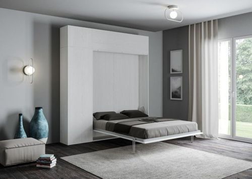 Lit escamotable 120x190 cm avec 1 colonne de rangement 2 meubles hauts bois blanc kanto - Photo n°2; ?>