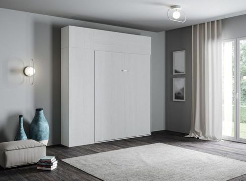 Lit escamotable 120x190 cm avec 1 colonne de rangement 2 meubles hauts bois blanc kanto - Photo n°3; ?>