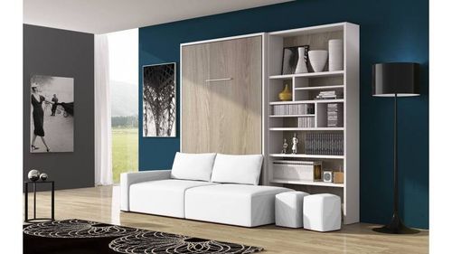 Lit escamotable 160x200 cm avec canapé coffre tissu et bibliothèque Moba - Photo n°2; ?>