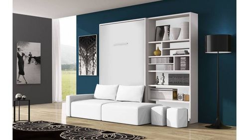 Lit escamotable 80x180 cm avec canapé coffre tissu et bibliothèque Moba - Photo n°2; ?>
