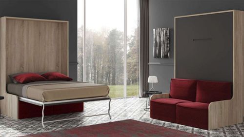 Lit escamotable autoporteur vertical 90x190 cm avec banquette en tissu Kozza - Photo n°2; ?>