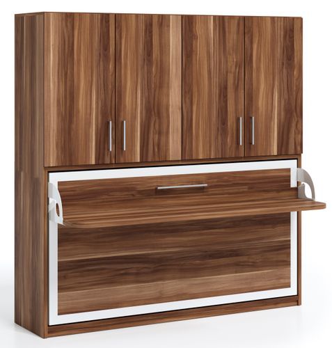 Lit escamotable horizontal 140x190 avec bureau et armoire 4 portes Spako Haut de gamme - Photo n°3; ?>