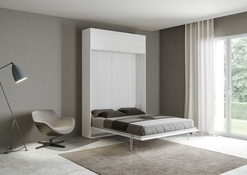 Lit escamotable 120x190 cm avec 1 meuble haut bois blanc kanto - Photo n°2; ?>