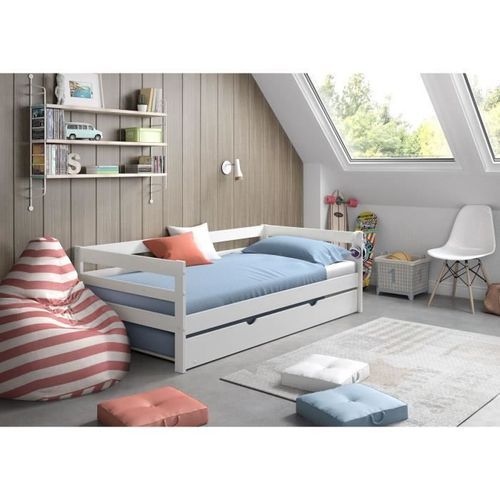 Lit Gigogne - Bois Pin massif - Blanc - Sommier inclus - 2x90x190 cm - SIMBA - Photo n°3; ?>