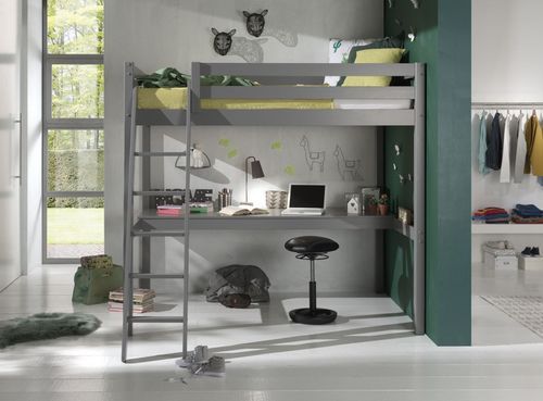 Lit mezzanine 140x200 cm avec bureau pin massif gris Pino - Photo n°3; ?>