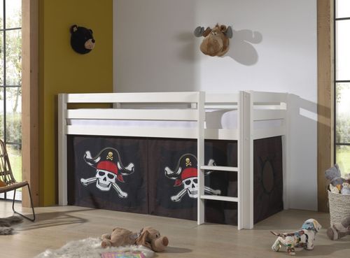 Lit mezzanine 90x200 cm avec tente pirate marron pin massif blanc Pino - Photo n°3; ?>