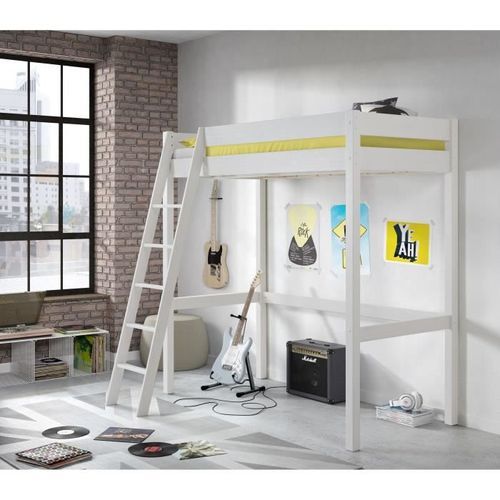 Lit mezzanine - Bois Pin massif - Blanc - Sommier inclus - 90 x 190 cm - FAUST - Photo n°3; ?>