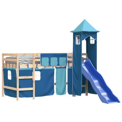 Lit mezzanine enfants avec tour bleu 80x200cm bois pin massif - Photo n°3; ?>