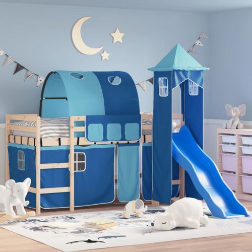 Lit mezzanine enfants avec tour bleu 80x200cm bois pin massif - Photo n°2; ?>