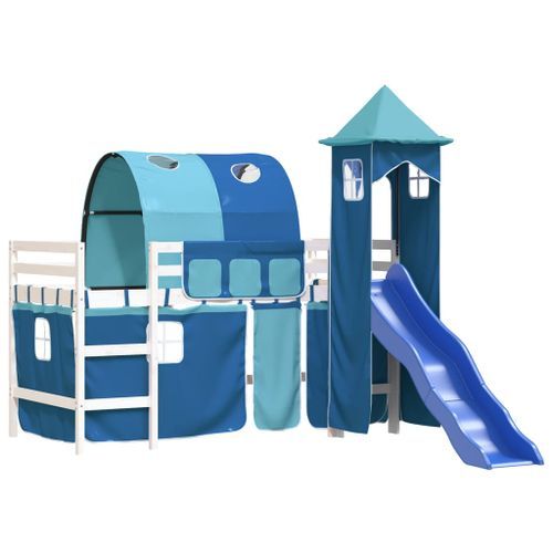 Lit mezzanine enfants avec tour bleu 90x200 cm bois pin massif - Photo n°3; ?>