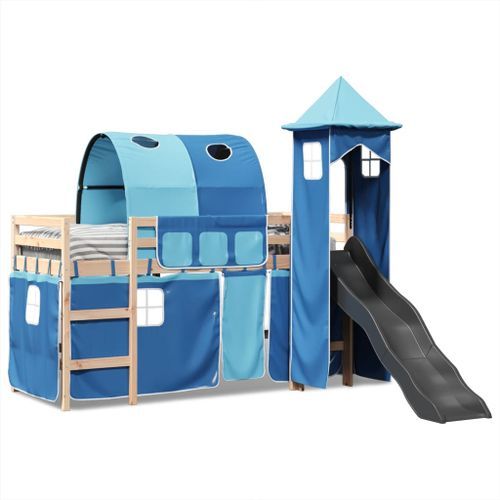 Lit mezzanine enfants avec tour bleu 90x200 cm bois pin massif - Photo n°3; ?>