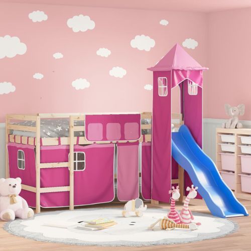 Lit mezzanine enfants avec tour rose 80x200cm bois pin massif - Photo n°2; ?>