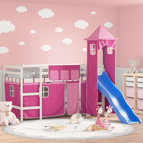 Lit mezzanine enfants avec tour rose 80x200cm bois pin massif - Photo n°2; ?>