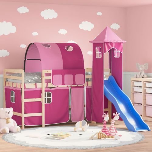 Lit mezzanine enfants avec tour rose 80x200cm bois pin massif - Photo n°2; ?>