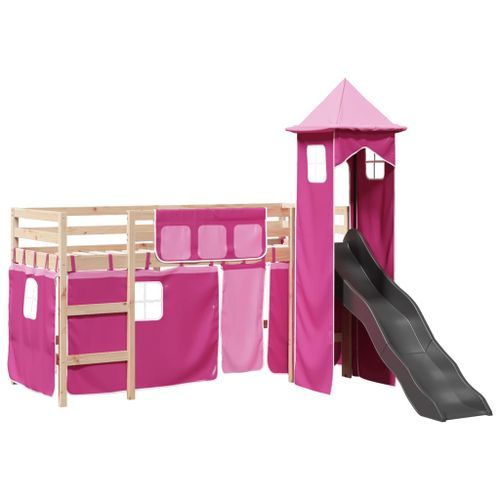 Lit mezzanine enfants avec tour rose 80x200cm bois pin massif - Photo n°2; ?>