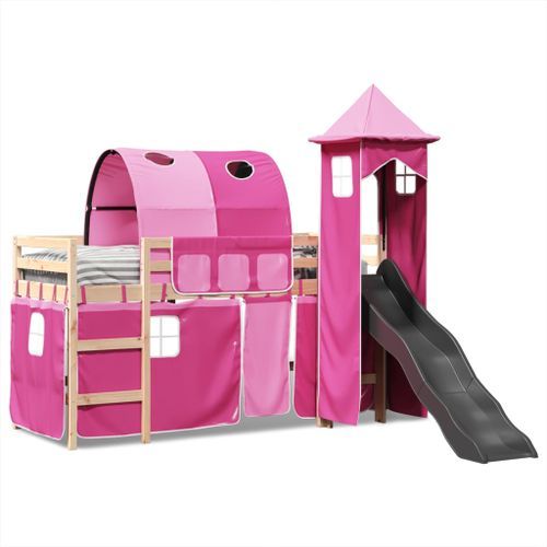 Lit mezzanine enfants avec tour rose 80x200cm bois pin massif - Photo n°3; ?>