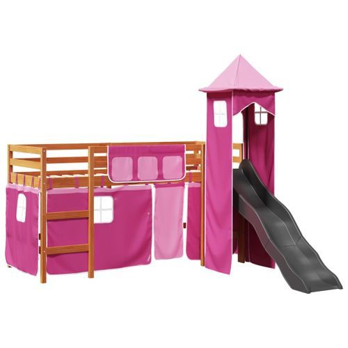 Lit mezzanine enfants avec tour rose 90x190 cm bois pin massif - Photo n°2; ?>