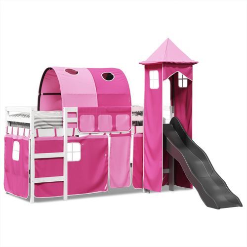 Lit mezzanine enfants avec tour rose 90x190 cm bois pin massif - Photo n°3; ?>