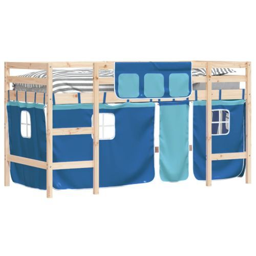 Lit mezzanine enfants et rideaux bleu 80x200cm bois pin massif - Photo n°3; ?>