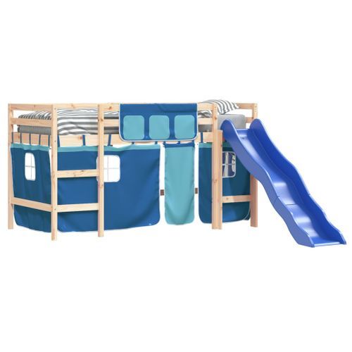 Lit mezzanine enfants et rideaux bleu 80x200cm bois pin massif - Photo n°3; ?>