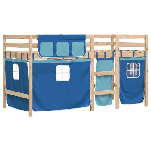 Lit mezzanine enfants et rideaux bleu 80x200cm bois pin massif - Photo n°3; ?>