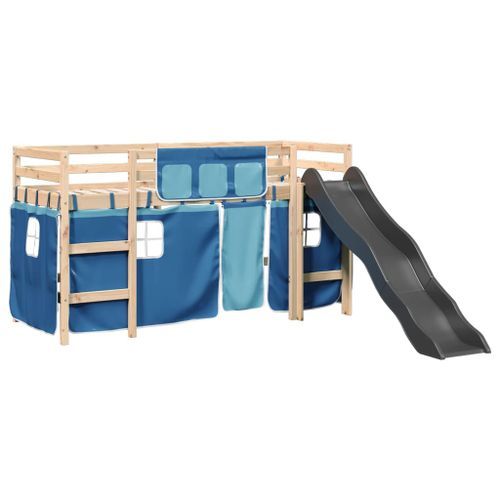 Lit mezzanine enfants et rideaux bleu 80x200cm bois pin massif - Photo n°2; ?>