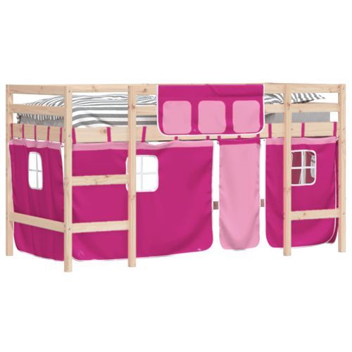 Lit mezzanine enfants et rideaux rose 90x190cm bois pin massif - Photo n°3; ?>