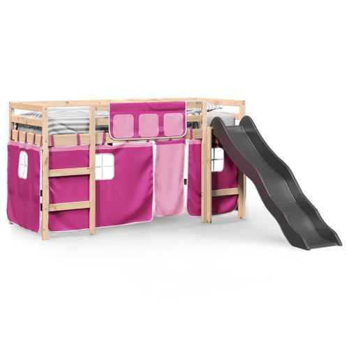 Lit mezzanine enfants et rideaux rose 90x190cm bois pin massif - Photo n°3; ?>