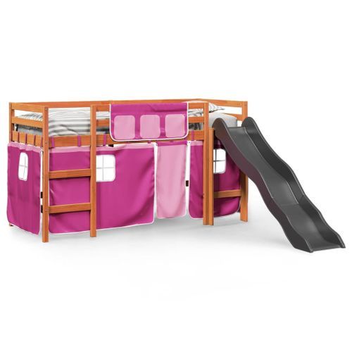 Lit mezzanine enfants et rideaux rose 90x190cm bois pin massif - Photo n°3; ?>