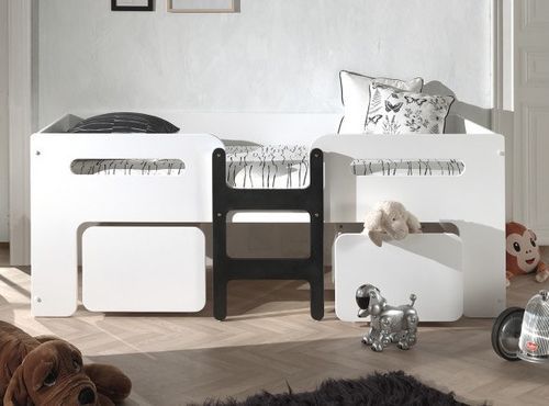 Lit mi-hauteur 90x200 cm blanc et noir avec tiroirs et sommier Luca - Photo n°2; ?>