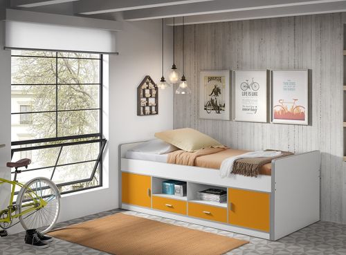 Lit Multi-rangement 90x200 Cm Avec Sommier Bois Blanc Et Orange Bonny 10 Lit multi-rangement 90x200 cm avec sommier bois blanc et orange Bonny - Photo n°2; ?>