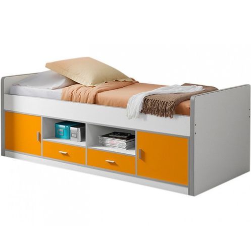 Lit Multi-rangement 90x200 Cm Avec Sommier Bois Blanc Et Orange Bonny 11 Lit multi-rangement 90x200 cm avec sommier bois blanc et orange Bonny - Photo n°3; ?>