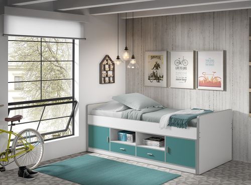 Lit multi-rangement 90x200 cm avec sommier bois blanc et turquoise Bonny - Photo n°2; ?>