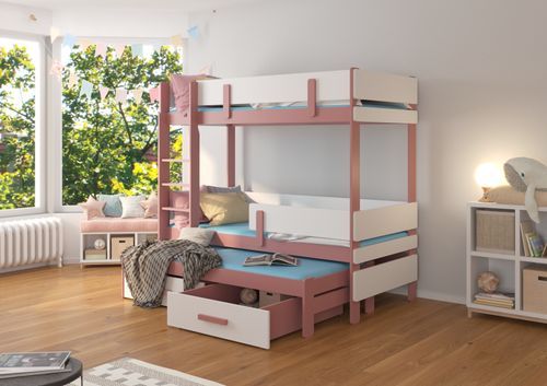 Lit superposé 2 niveaux avec 2 tiroirs de rangement rose et blanc 90x200 cm Palko - Photo n°2; ?>